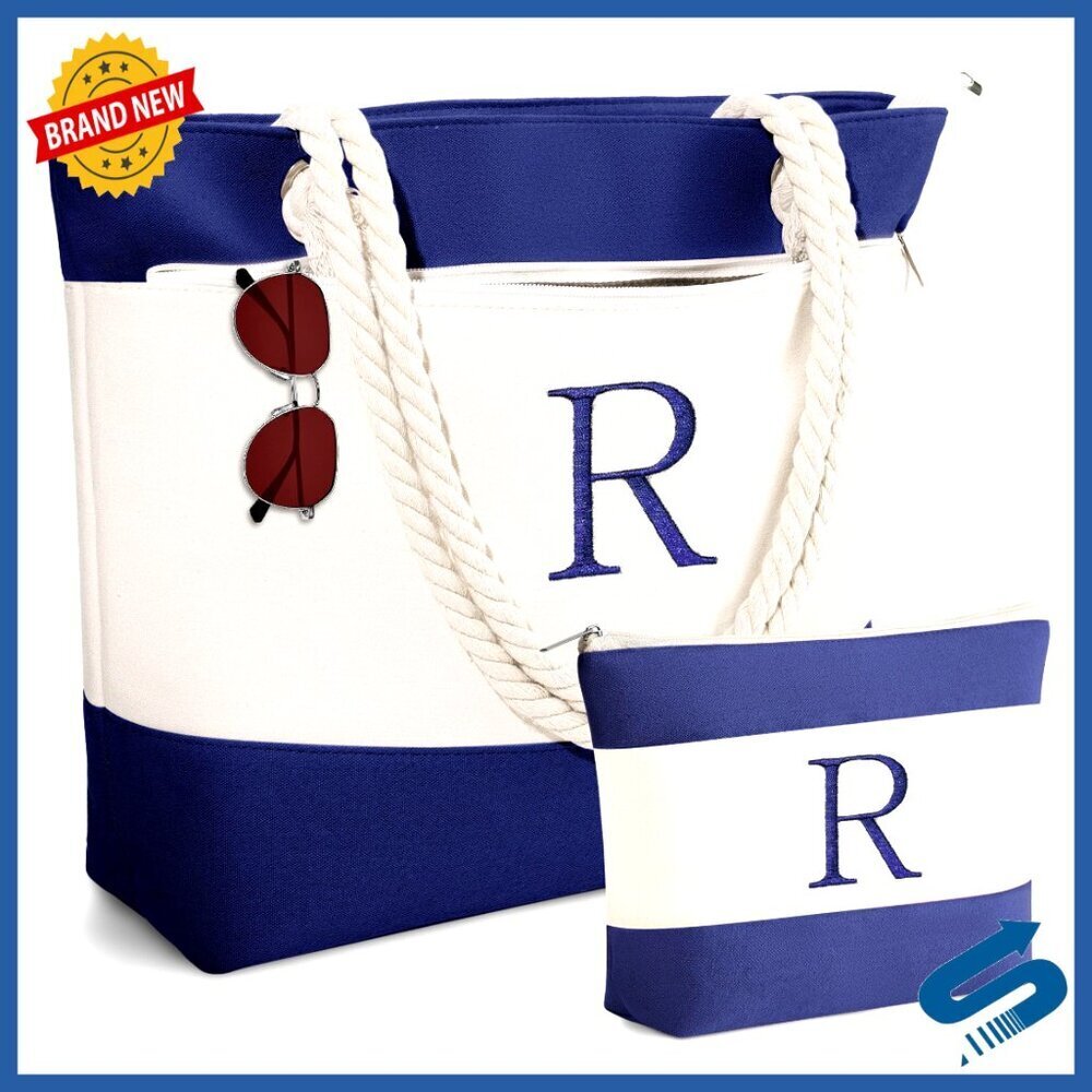 Personalized Initial Canvas Beach Tote Waterproof Large Size Monogram Gift
